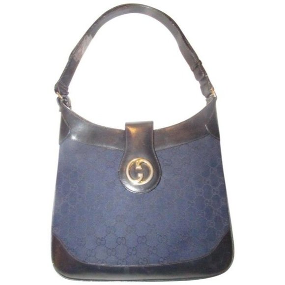 Gucci Vintage Navy Blue Guccissima Black Leather Gold GG Shoulder Bag